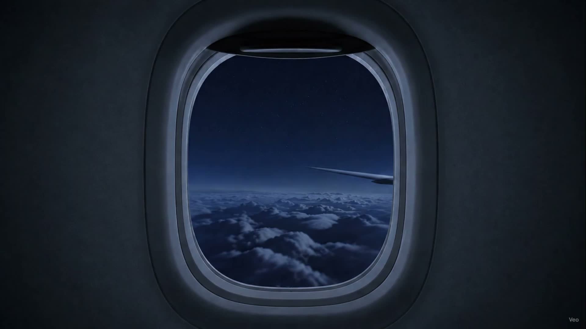 Frame 1: view through an aircraft cabin window onto a moonlit cloud layer