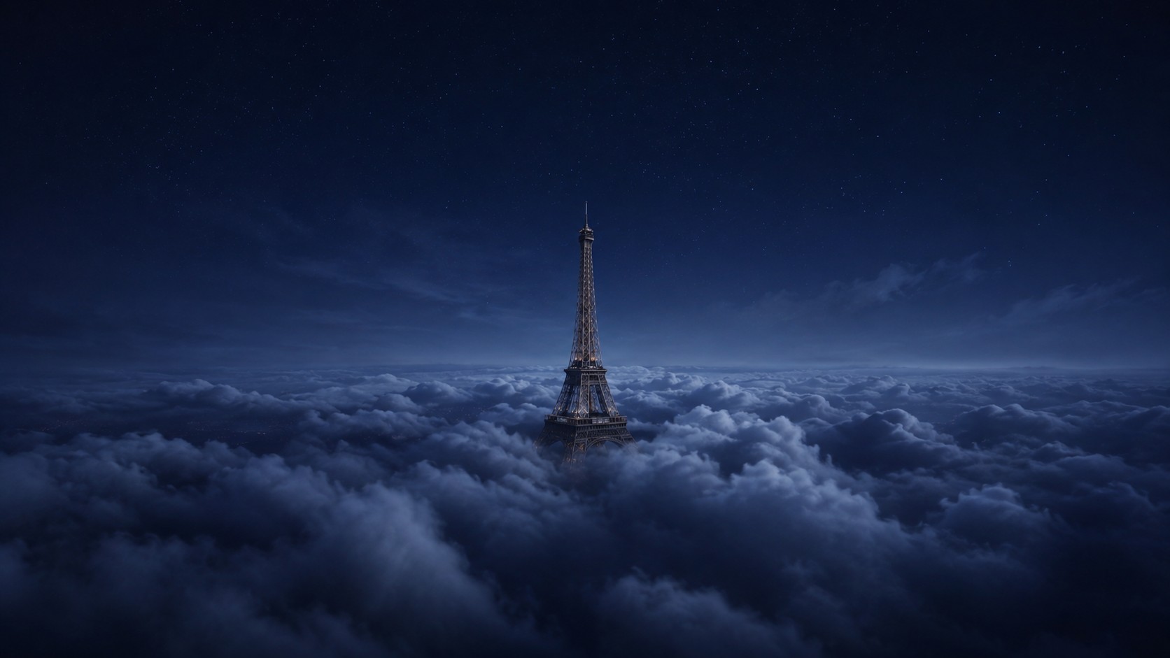Final frame: the Eiffel Tower lit and clear above a flat cloud deck under stars